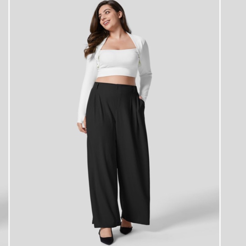 High Waisted Plicated Side Pocket Wide Leg Waffle Work Plus Size Pants 1x